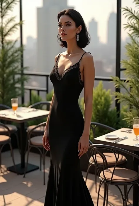 woman in black dress at restaurant terrace