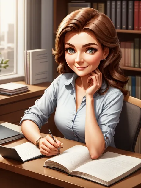 a woman sitting at a desk with a cup of coffee in her hand, by elina karimova, in cartoon style, charicature, by andrei riabovit...