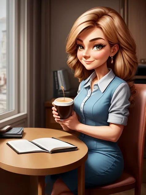 a woman sitting at a desk with a cup of coffee in her hand, by elina karimova, in cartoon style, charicature, by andrei riabovit...