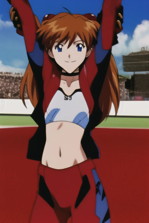 asuka, 1girl, solo, full_body, long_hair, smile, blue_eyes, brown_hair, racing, racing suit, midriff, sky, choker, day, cloud, orange_hair, interface-headset, red crop-top, stretching, both arms up