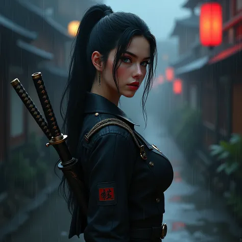 a beautiful american woman , twenty years old, long black hair with a ponytail, cobalt blue eyes, white skin, blushing cheeks and red lips, big breasted, with a black military leather jumpsuit , with two katanas on his back, in Japan at night raining, Carl...