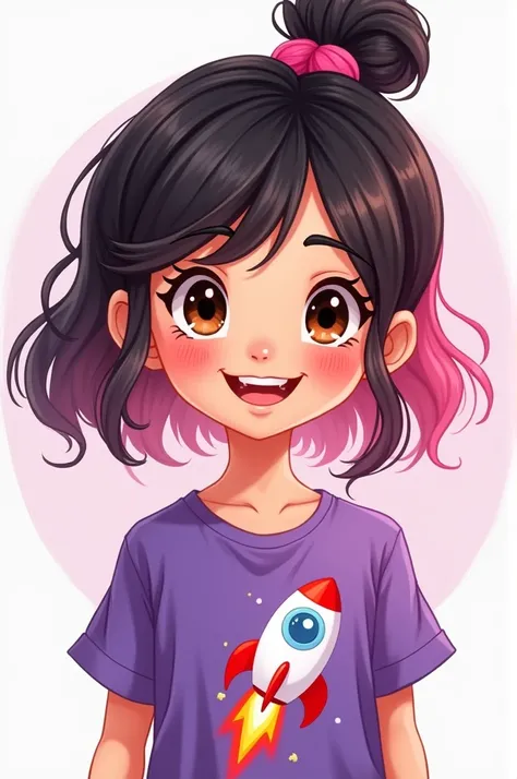 a beautiful smiling brunette girl, with brown eyes, black and pink hair, wearing a purple rocket shirt 🚀 cartoon style