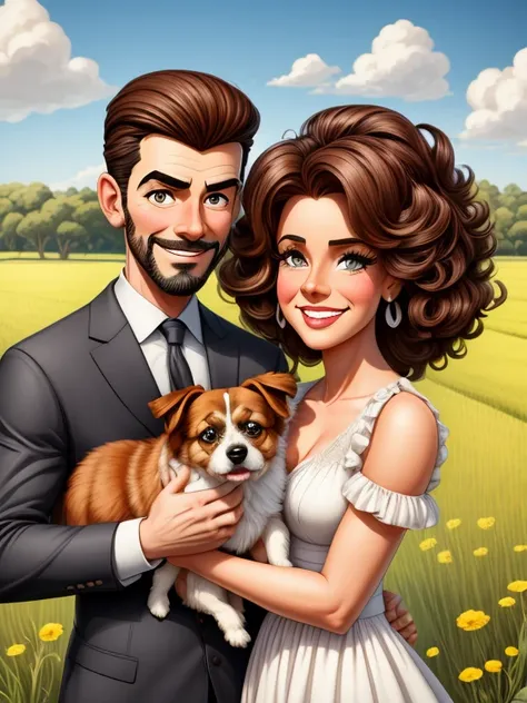 a cartoon of a man and woman holding a dog in a field, in cartoon style, caricature style, caricature illustration, couples port...