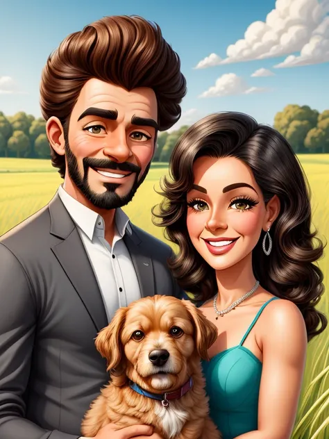 a cartoon of a man and woman holding a dog in a field, in cartoon style, caricature style, caricature illustration, couples port...