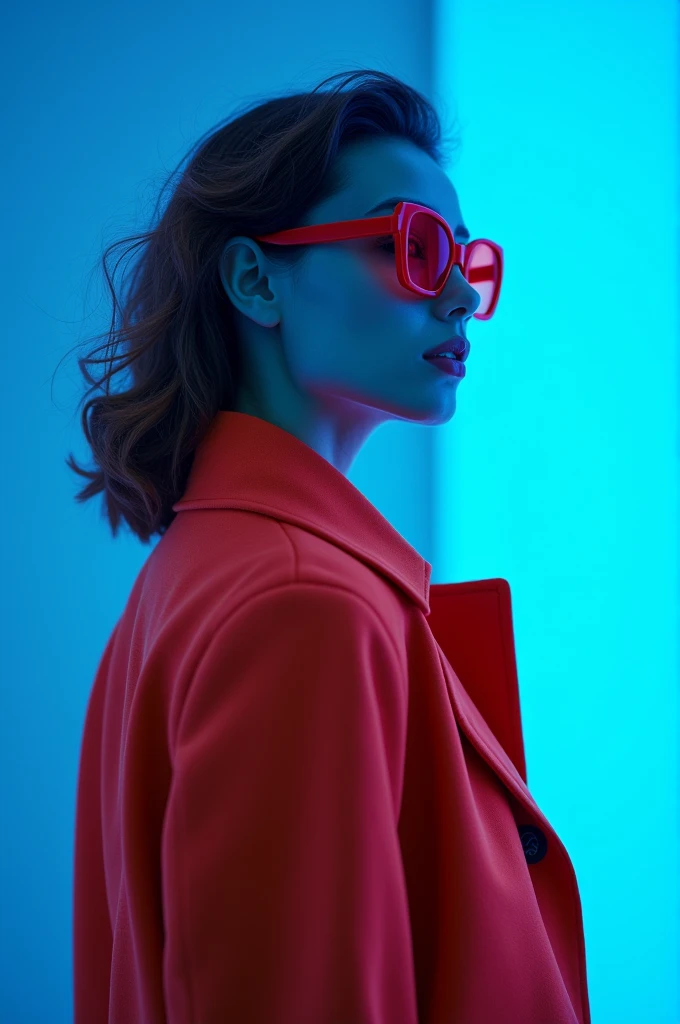  années 1960, Photo de côté, Pris avec un Canon EOS R5, Contraste fort mettant en valeur le sujet, Ton fluorescent bleu, Portant un manteau très moderne et des lunettes de soleil dans un style des années 1960, Vêtements dune seule couleur, beau fond.