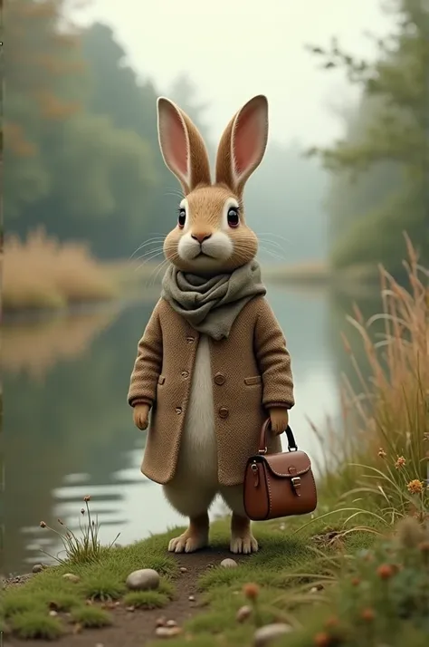 Rabbit wearing a coat and carrying a bag standing on the river bank