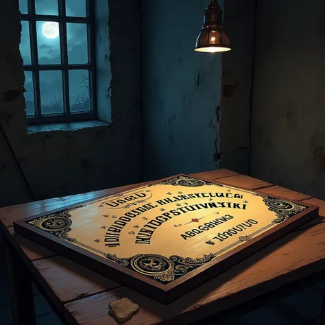 Make a picture of a Ouija board, it is on a wooden table, wood made from sucupirá. The cemetery is a dark and dirty basement, there is a basement window on the wall and it is night outside! ((hq drawing)), ((hq)), ((4k)).