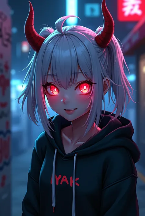 detailed background, masterpiece, best quality, smile, nakiri ayame, streaked hair, oni horns, white hair, twin buns, red eyes, smile, hoodie, portrait, neon, graffiti, dark, night, glowing eyes, blacklight