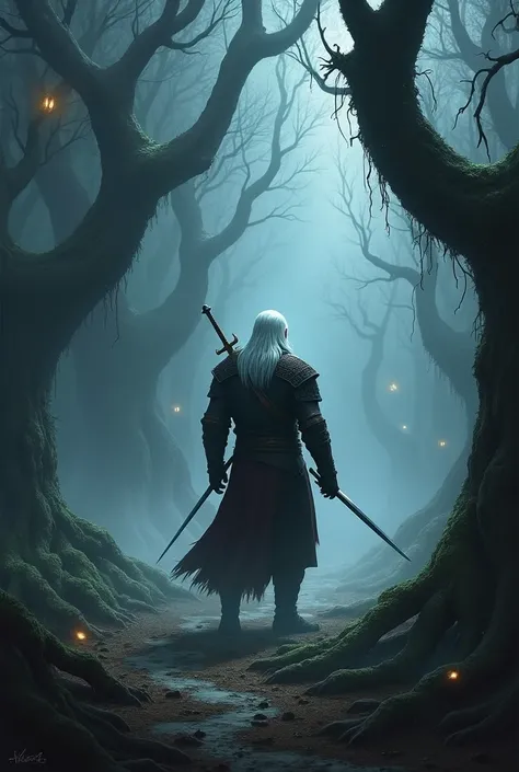 Create a dramatic artwork of Geralt of Rivia standing in a dark, enchanted forest, sword drawn and ready to face an unseen monster. Depict him with his iconic white hair and battle-worn armor, surrounded by eerie trees with twisted branches. Add glowing ey...