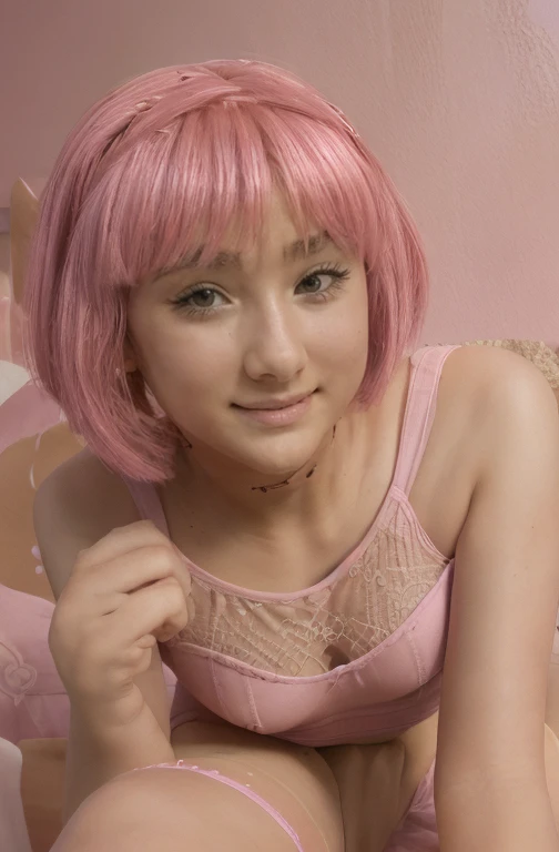 (((girl ))), sexy girl dress and lace stockings, stephanie | lazy town, happy face, (shirt lifted by someone else: 1.5), 1 girl,...