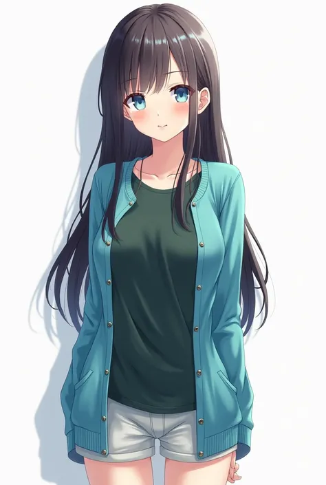 (masterpiece, best quality, highres), arima kana (oshi no ko), cyan cardigan, sweater, dark_green_shirt,miniskirt, standing, open open clothes, solo,