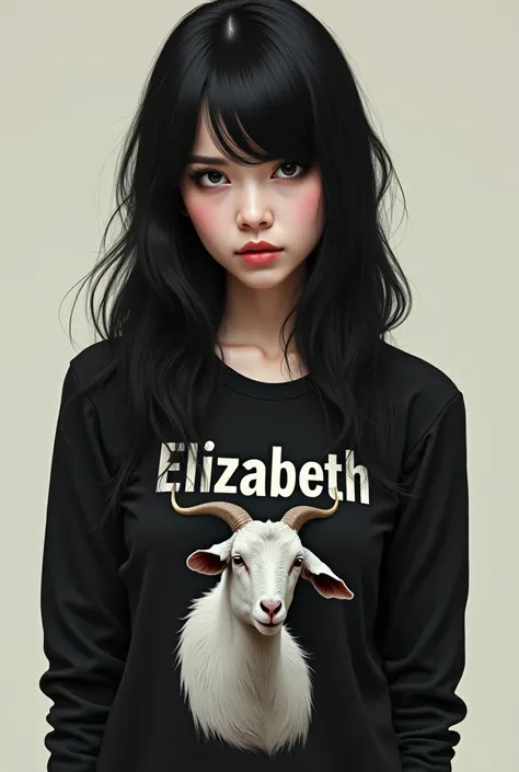 Sexy black hair girl wearing a shirt that says Elizabeth with a goat 