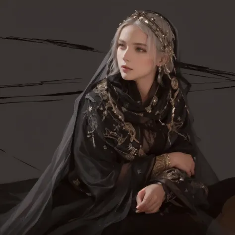 HyperRealistic Photograph of a Beautiful Byzantine noble women wearing traditional gold/black/ dark blue /black/ luxurious robe, black veil, silver hair, big bright purple eyes, rich headpiece, rich jewels,

High Resolution, Anatomically Correct, Accurate,...