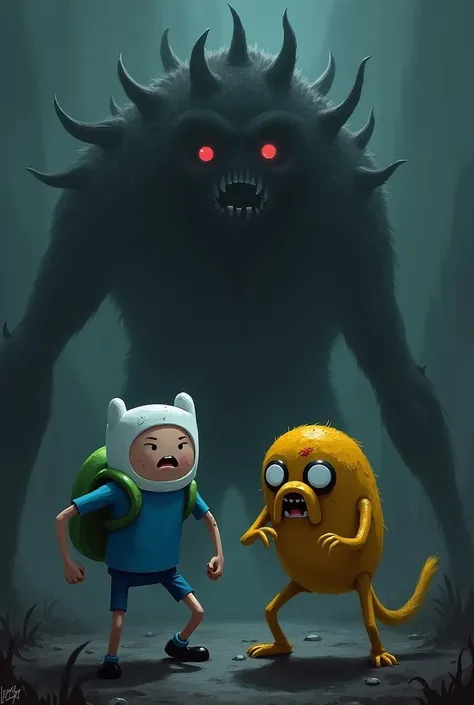 Adventure Time cartoon wallpaper with dark and gloomy color tone and the two characters Finn and Jake are visibly tired, hurt and scared the two are in fighting position 