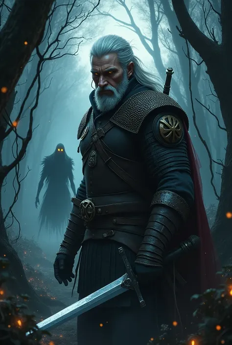 Create a striking artwork of Geralt of Rivia, inspired by the Netflix series, standing in a dark, foreboding forest. He should be in a dynamic pose, with his silver sword drawn, ready to confront a lurking monster. Capture the distinct features of his char...