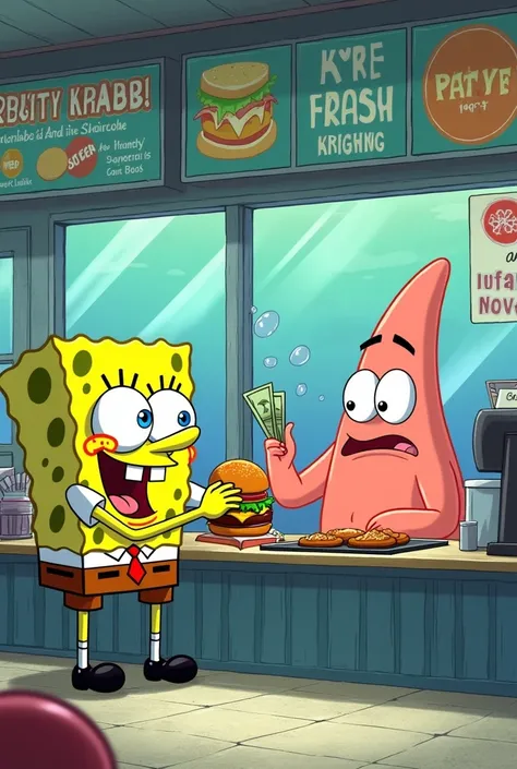 spongebob squarepants makes a krabby burger patrik star orders a krabénburger from tadäus tentakel who is standing at the cash register and mr.. Krabs holds a banknote in his hand