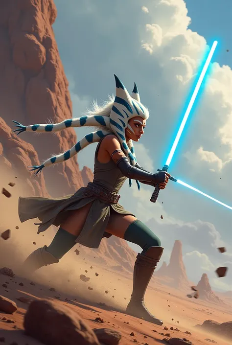 Create a dynamic artwork of Ahsoka Tano in the midst of a lightsaber duel on a distant, rocky planet. Capture her iconic dual lightsabers glowing in vibrant blue and green, poised in a defensive stance as she faces an unseen opponent. Illustrate her distin...