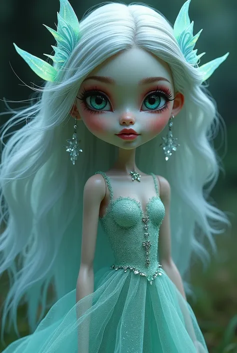 Create a Monster High doll-style character. face: Delicate, with soft lines and a slight shine. Large, expressive eyes in shades of blue, as if they reflected the moonlight.
Hair: Silver and fluttering, falling in long waves that seem to float. You could a...