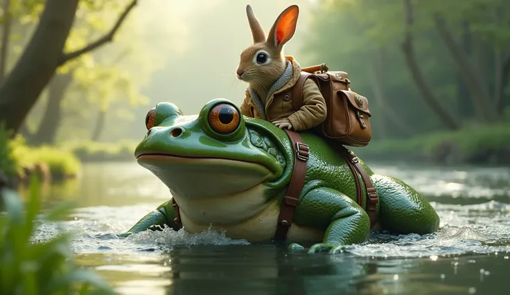 A huge frog carrying a rabbit wearing a coat and carrying a bag on his back and swimming in the river