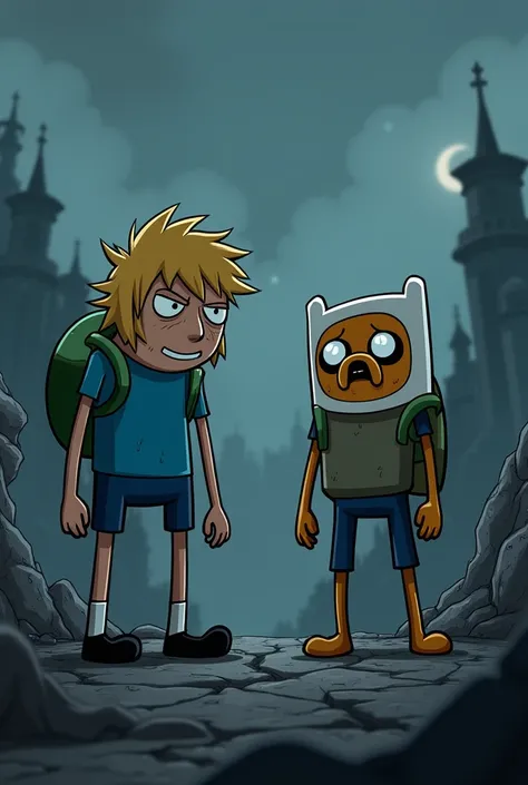 Adventure Time cartoon wallpaper with dark and gloomy color tone and the two characters Finn and Jake are visibly tired, both are in a fighting position., the point of view is from bottom to top and they are both looking at the sky