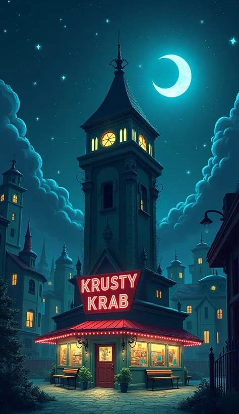 Krusty Krab with a bikini bottom backgroud at night with stars and dark fantasy vibe from SpongeBob