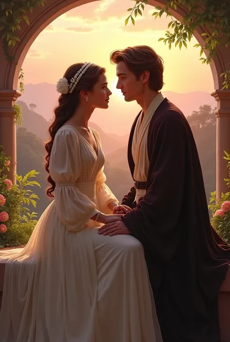 Create an intimate artwork of Padmé Amidala and Anakin Skywalker in a lush, romantic setting reminiscent of Naboo’s serene landscapes. Show them seated on a balcony overlooking a beautiful sunset, with soft hues of orange and pink illuminating the sky. Cap...