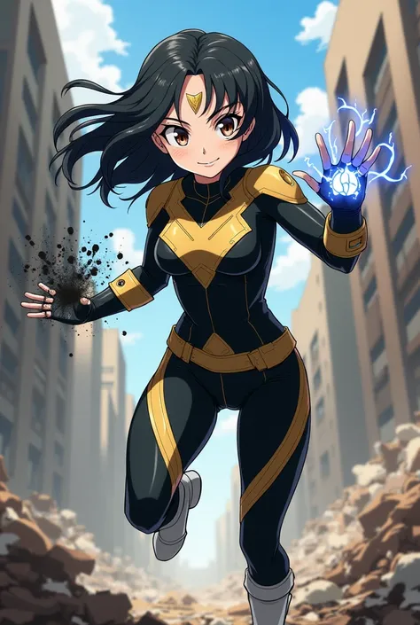 screenshot MY HERO ACADEMIA, A girl with slightly long hair, dark coffee colour, white skin, Two highlights on the forehead, And small brown eyes, Wears a Black and Gold Hero Suit, gloves with holes in the fingers, And White Boots, He is fighting with The ...