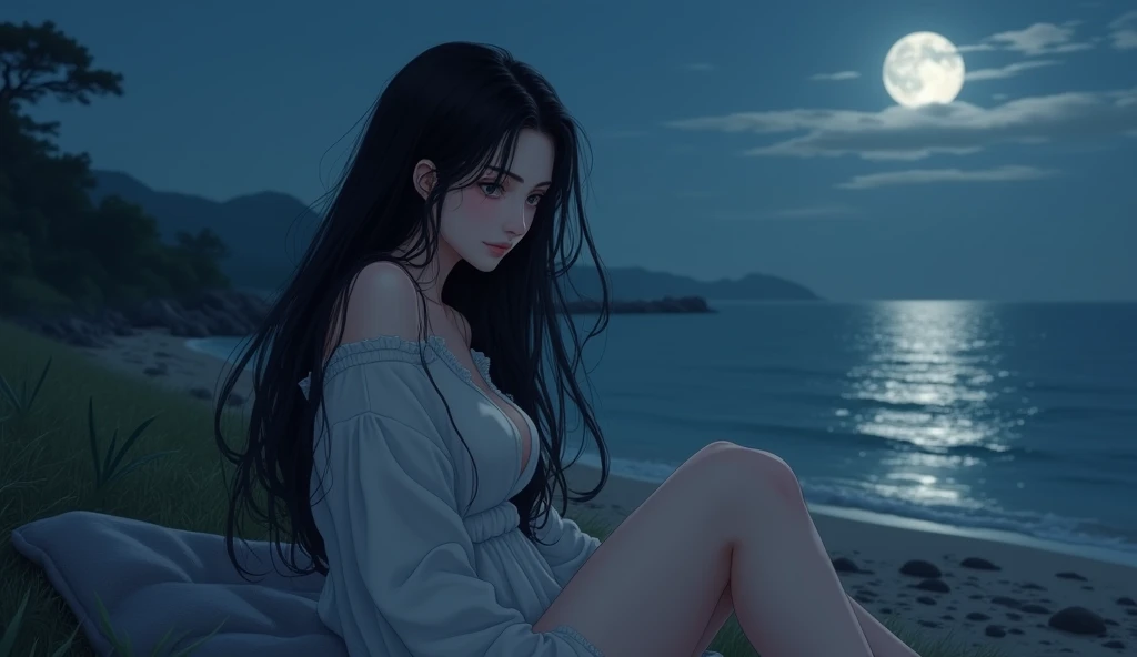 Best Quality,4K,8k,High resolution,masterpiece:1.2,Very detailed,A tired girl,length, Flowing black hair,Delicate features,thinking eyes,White skin,Happy expression,Great atmosphere、Wearing a T-shirt、Romantic atmosphere、Moonlit night and sea in the backgro...