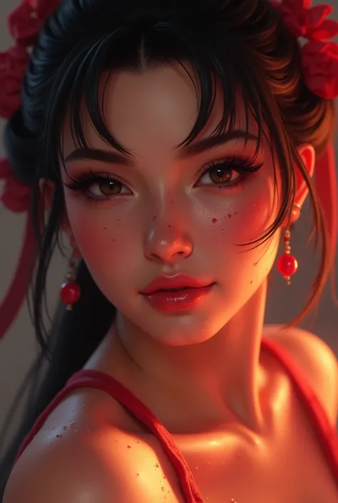 foreground, chun li, smiling, her face with drops of semen
