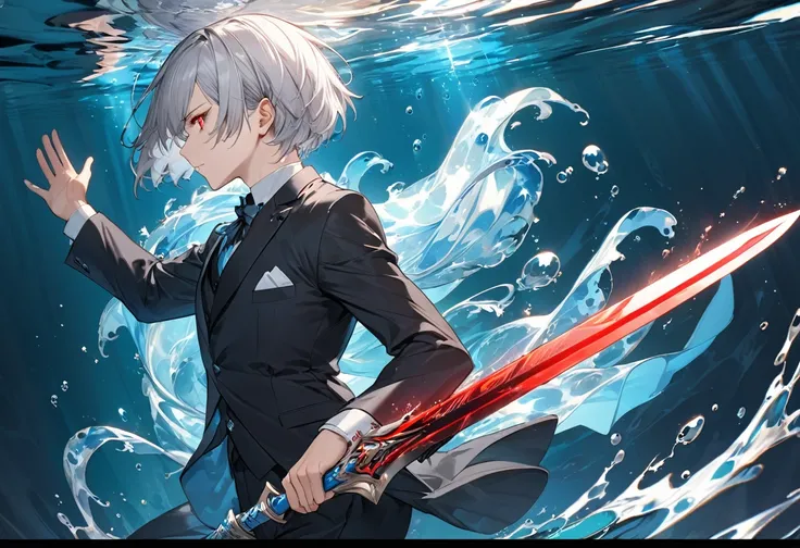 (dynamic battle style), (profile:1.5), (detailed crew cut) (cool silver hair very short hair) (best cool divine strong boy is 16 yo), (best red glowing:1.4 eyes), (serious face), in a butler suit, ((hand holding a very long big divine blade)), break, in th...