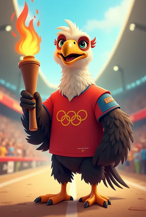 Animated Argentine condor for children in a red t-shirt with an Olympic Games torch 