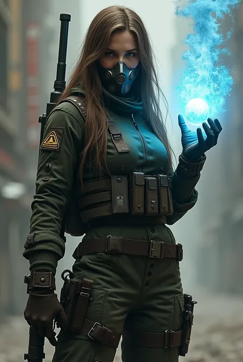 Beautiful girl with long brown straight hair in military clothes Zarya from the game Stalker, holding a blue magical glowing ball in her hand and showing it to the viewer, with his other hand he holds a machine gun that hangs on his shoulder, the mouth is ...