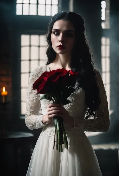 a breathtakingly beautiful pale-skinned woman with long dark hair in a flowing white wedding dress, haunting and melancholic expression, holding a single red rose, dark and somber mood, dramatic dramatic lighting, moody and atmospheric, ethereal and otherw...