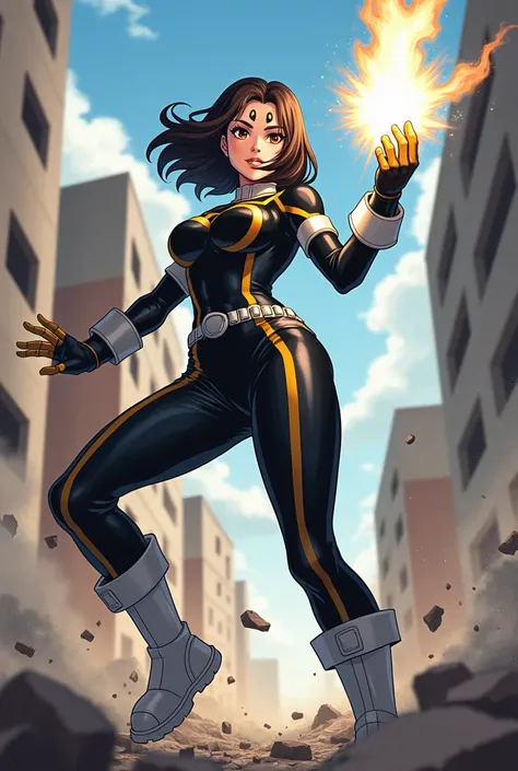 screenshot MY HERO ACADEMIA, A girl with slightly long hair, dark coffee colour, Two highlights on the forehead, And small brown eyes, Wears a Black and Gold Hero Suit, gloves with holes in the fingers, And White Boots, She has big breasts and big hips, He...