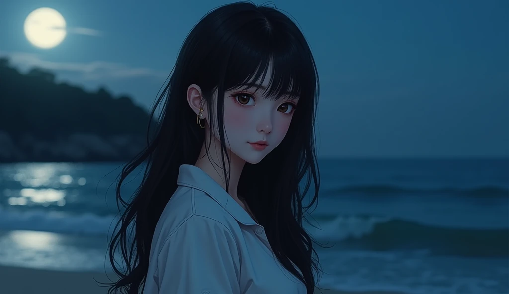 Best Quality,4K,8k,High resolution,masterpiece:1.2,Very detailed,A tired girl,length, Flowing black hair,Delicate features,thinking eyes,White skin,Happy expression,Great atmosphere、Wearing a shirt、Romantic atmosphere、Moonlit night and sea in the backgroun...