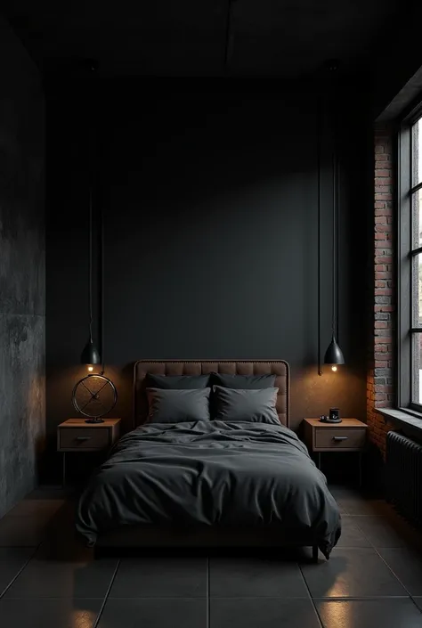 a bedroom in an urban industrial style, a black room, no lighting, high quality, 8k, photorealistic, detailed