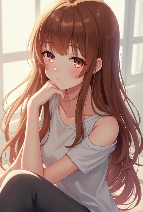 Beautiful anime girl with long straight brown hair, Pants, 