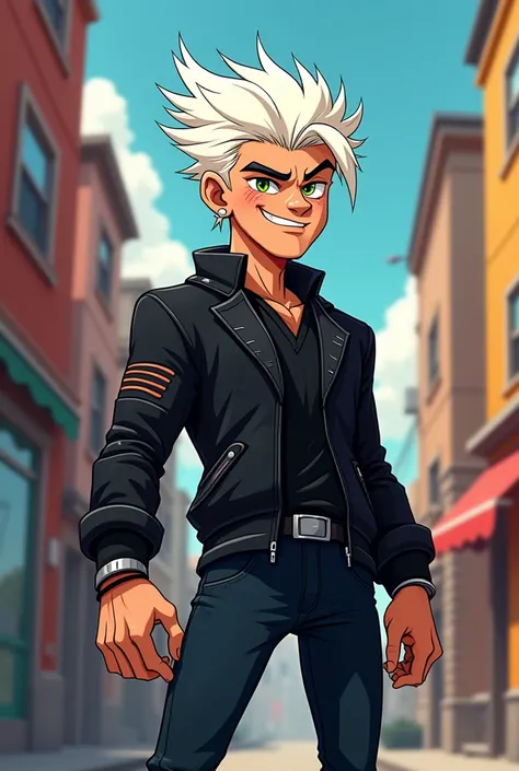 make a cartoon character with white hair,black clothes and personality would now make a man

