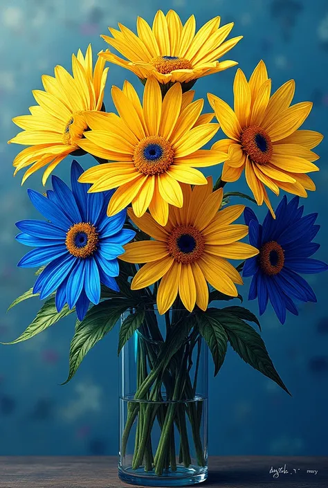 I want to generate yellow gerberas with blue gerberas with a van Gogh drawing style that has my signature Daniel.V dedicated to Mary 