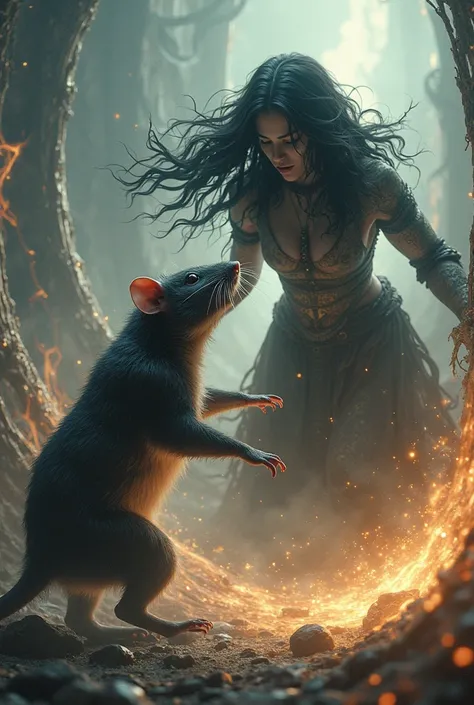 Rat with powers fighting with a black curly haired goddess