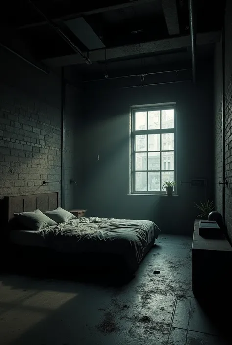 a bedroom in an urban industrial style, a black room, no lighting, semi-realistic, detailed, landscape style
