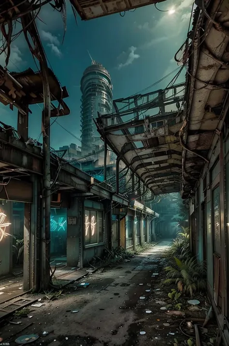 low wide angle shot of dilapidated fallout 5 miami, tropical coastal city, desolate, dilapidated neon signs, few rusted retro futuristic tropical planting jungle, photorealistic, daytime, spring, sharp focus, ultra detailed, 4 0 0 0 k