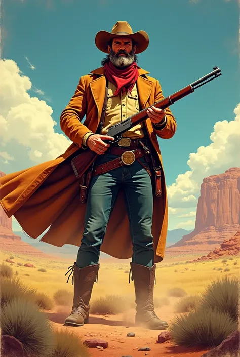 TEX Willer,  vibrant colors, wielding a rifle , professional illustration, estilo poster, inspired by j.c leyendecker , vibrant colors, poster, inspired by j.c leyendecker