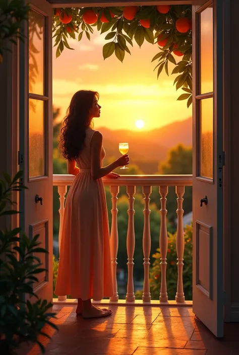 A beautiful backyard with orange trees , at sunset , Brazilian style based on the lyrics of this song: "Orange trees in the backyard At dusk the sun paints the sky orange I run to the balcony the door is open come have dinner with me " a decent and enthusi...