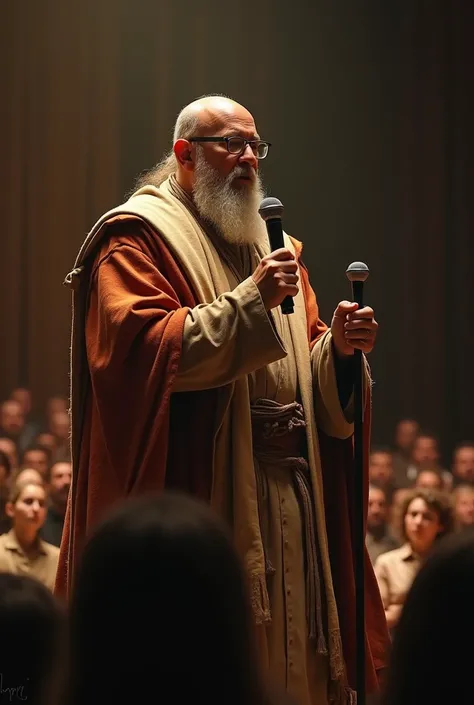 Draw a bald speaker with a short beard and glasses, on a stage, holding the microphone in a different way dressed as a storyteller