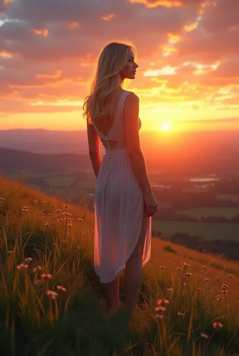 A blonde Girls, 25 yo, on top off the Hill, at sunset