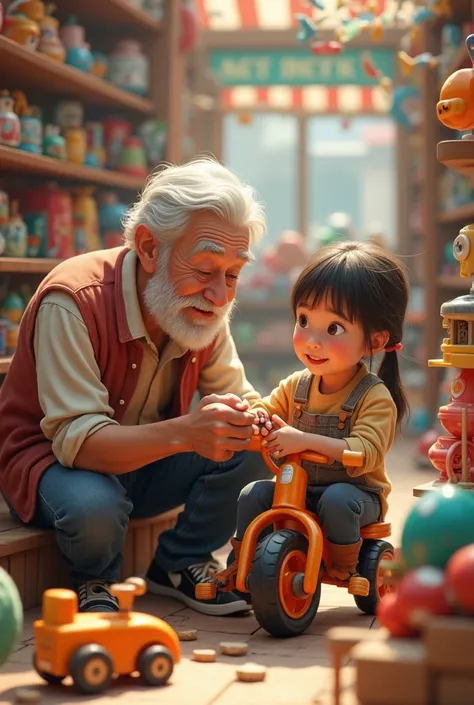 A girl building a tricycle with her grandfather, in the middle of a toy store 