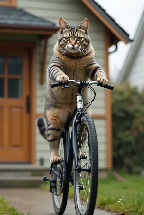 Cat driving bicycle
Standing infront of door house
