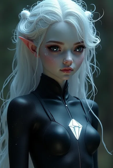 A beautiful, otherworldly girl with white skin, star-shaped hair, wearing a black bodysuit with sleeves, a white diamond on her clothes, black eyes with black sclera and diamond-shaped pupils, 1girl, intricate details, hyper detailed, digital art, concept ...