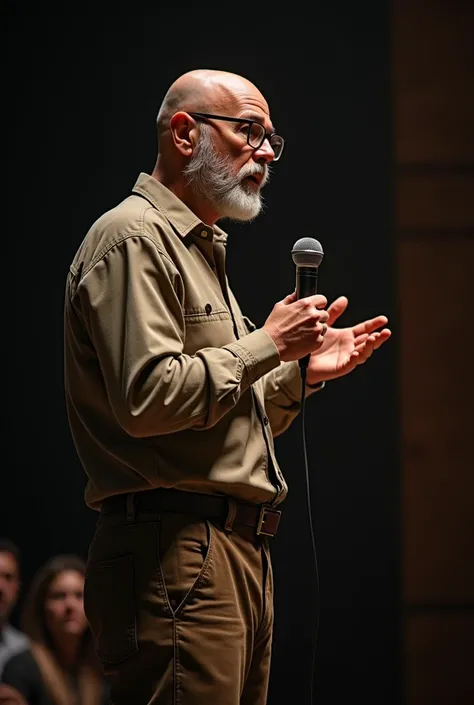 Draw a bald speaker with glasses, on a stage, holding the microphone in a different way dressed in rustic clothing